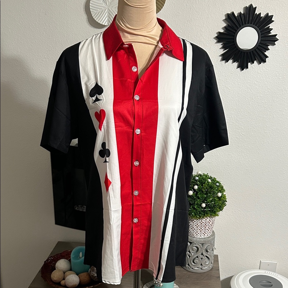 Button-Up Card Game Print Shirt in Red, White & Black